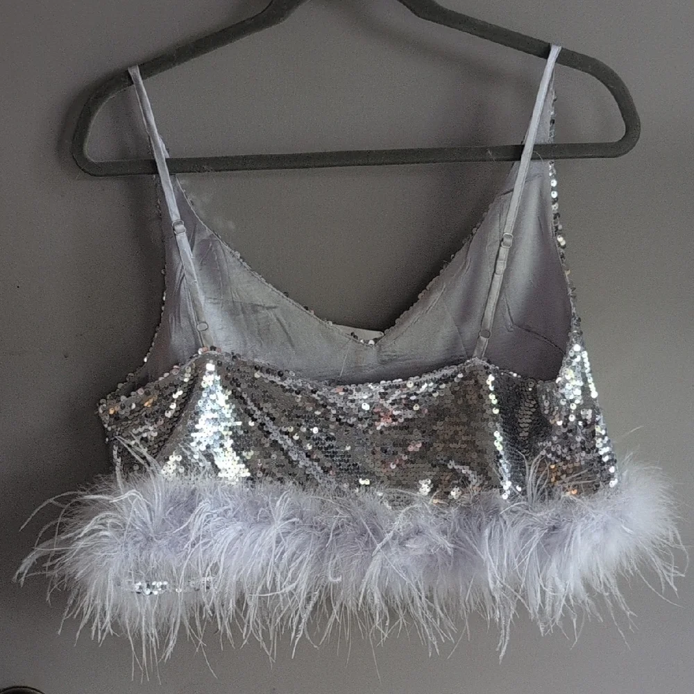 Silver Sequin Camisole with Feather Trim - Picture 3 of 8